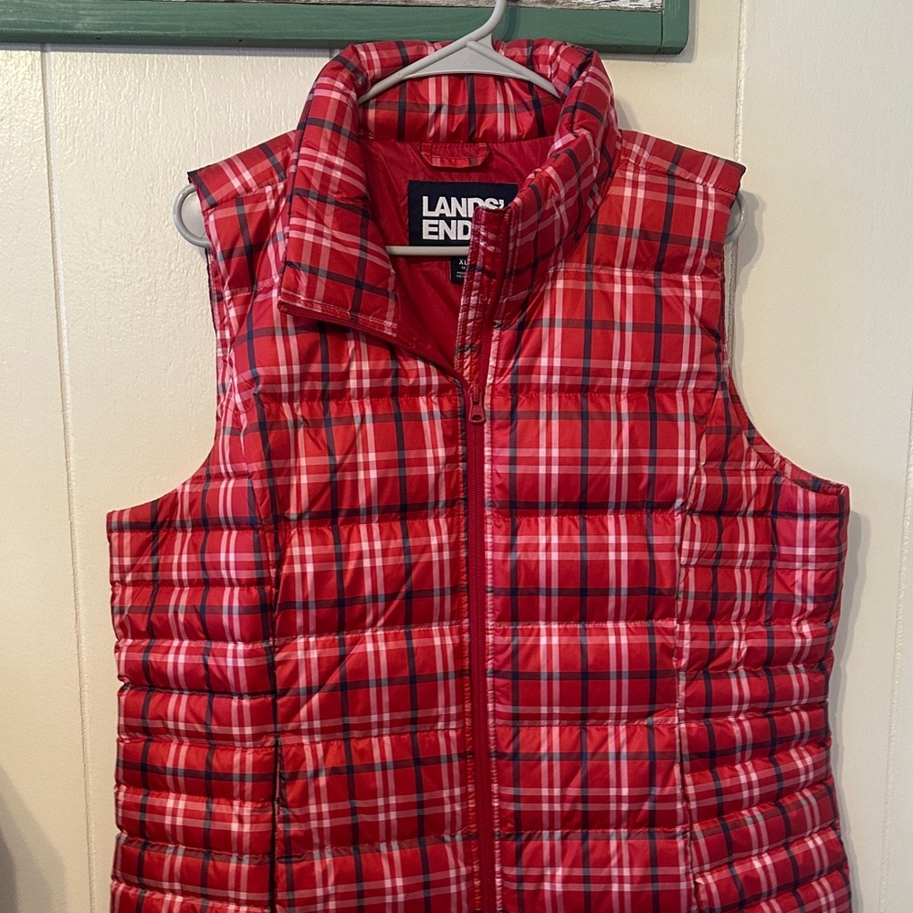 Lands' End Red Plaid Quilted Puffer Vest